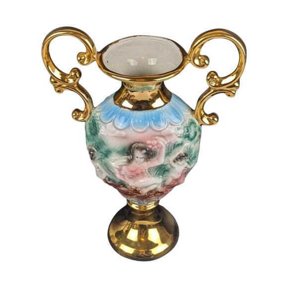 Vintage Italian Amphora Vase with Cherubs: Renaissance Style Porcelain Urn - Picture 2 of 6